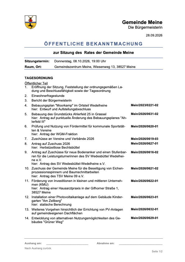 Tagesordnungspunkte der Ratssitzung
