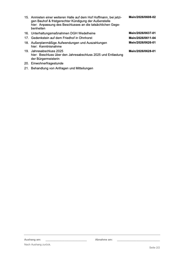 Tagesordnungspunkte der Ratssitzung