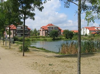 Blick auf den Zuckersee mit Wohnhäusern im Ortsteil Meine